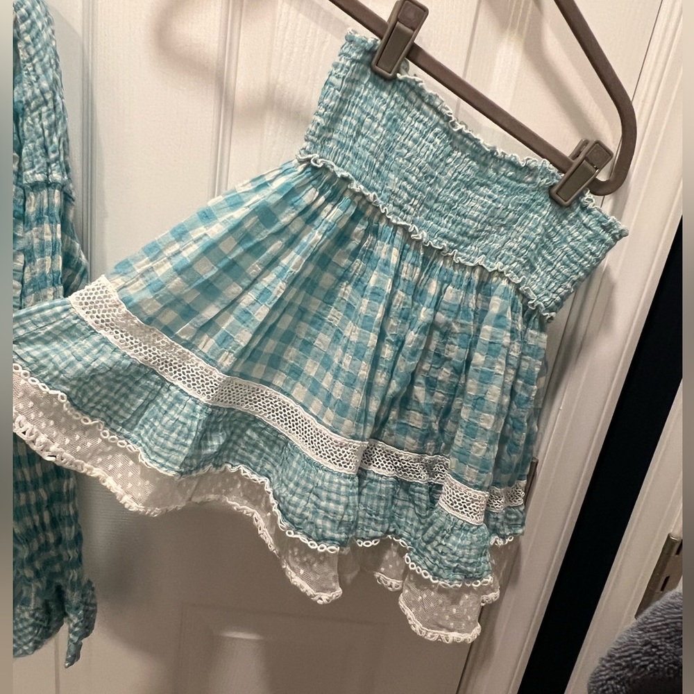 Sunday Saint-Tropez ZOLITA Cotton Ruffle layered Skirt  Gingham Blue & White EUC